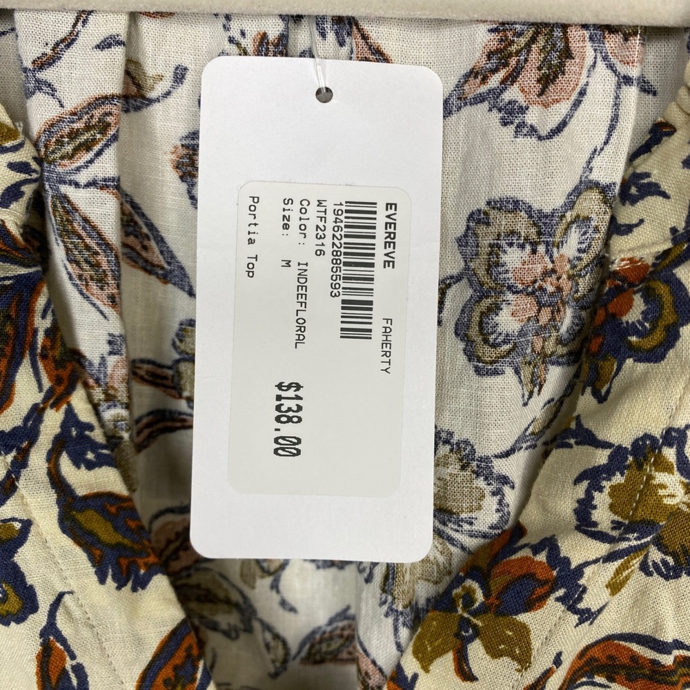 Faherty Portia Top Indee Floral Ruffle V-Neck Blouse WTF2316 Cream Brown Blue M - Picture 5 of 13